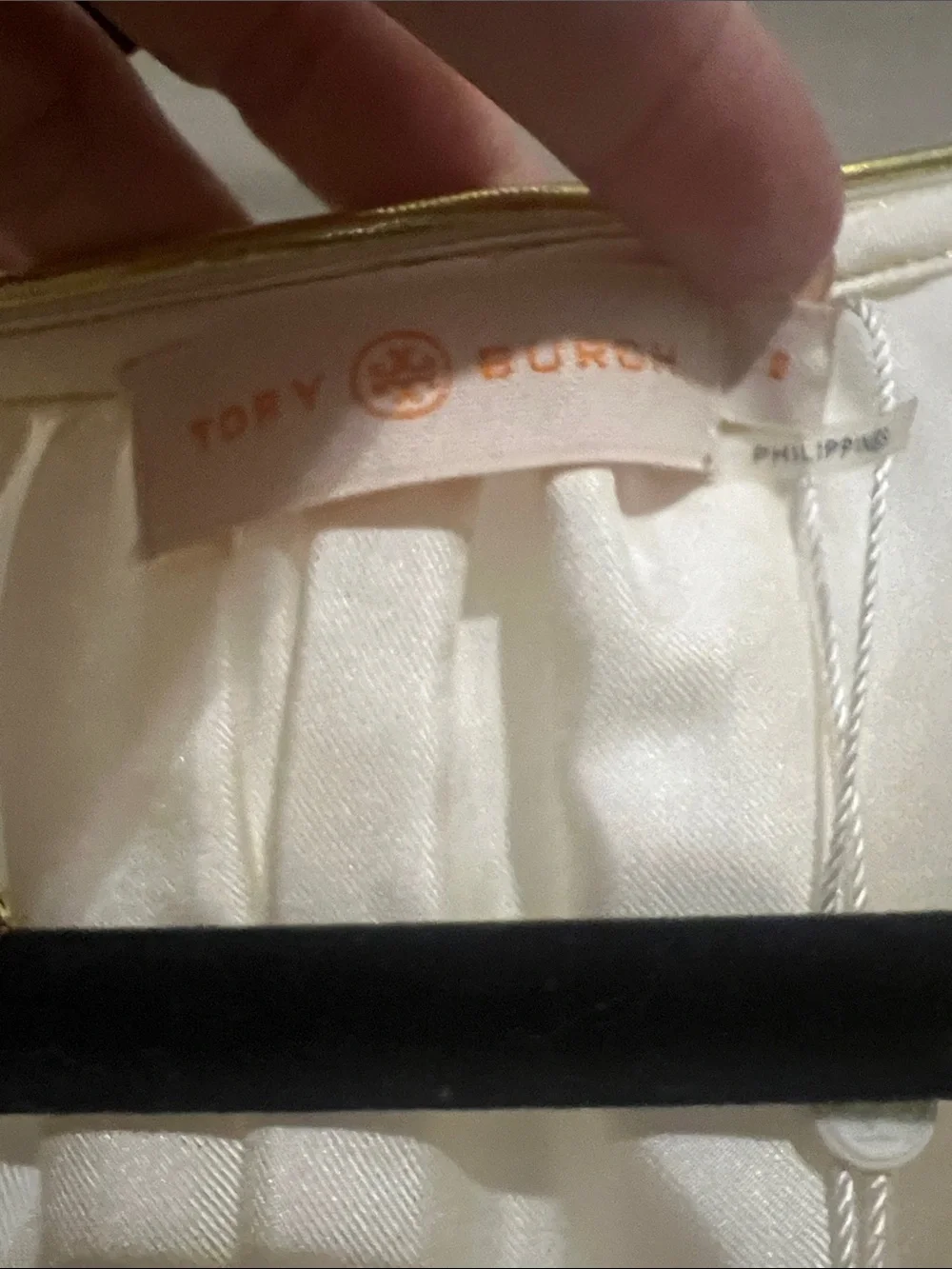 Tory Burch Ivory Satin Sleeveless Shell with Gold Trim